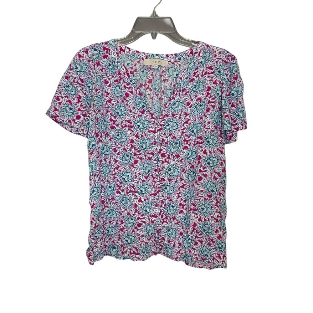 LOFT Floral Split Neck Blouse Women’s Medium Pink Blue Short Sleeve Top